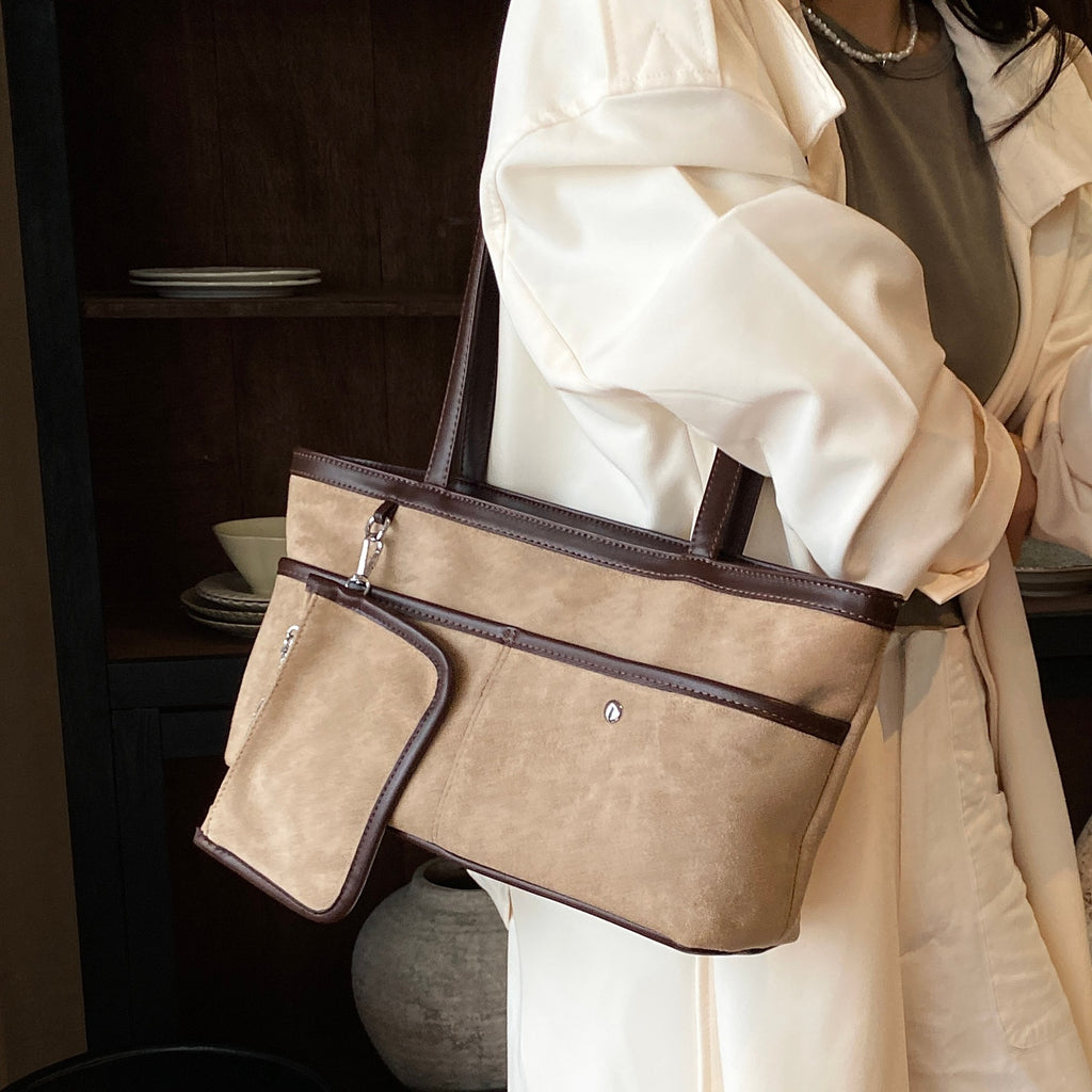 Soft Faux Suede Shoulder Tote Bag with Matching Pouch
