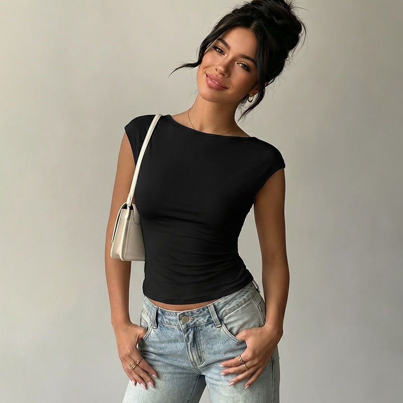 Women 2026 Summer New Short Sleeve Backless Patchwork Lace Knit Top