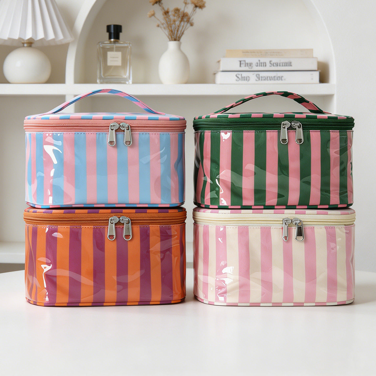 Contrast Stripe Cosmetic Bag Large Capacity Portable Toiletry Bag Waterproof Pvc Travel Storage Bag Large Capacity Cosmetic Bag