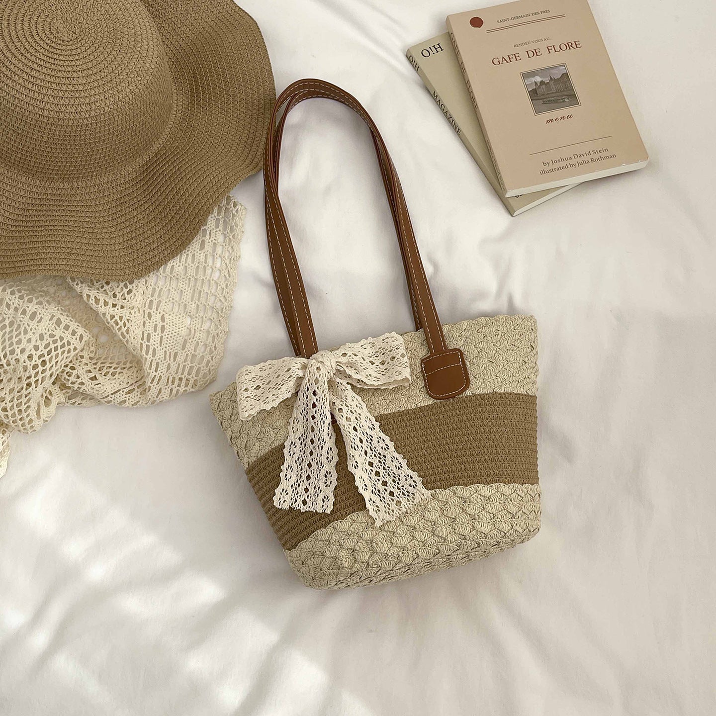 Women 2026 Spring New Woven Straw Handheld Shoulder Cotton Rope Tote Bag