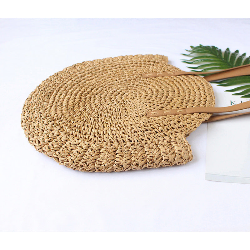Straw Woven Bag New Shoulder Women'S Bag Beach Woven Bag Fashion Simple Literary Leisure Travel Vacation Round Large Bag