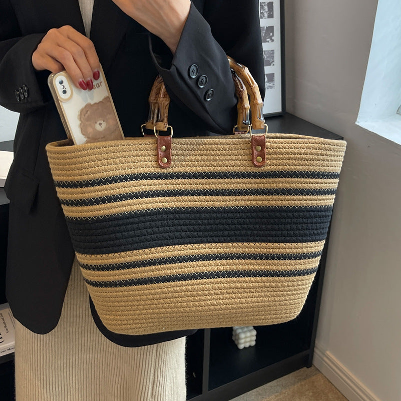 Woven Spliced Single Shoulder Large Capacity Beach Tote Bag