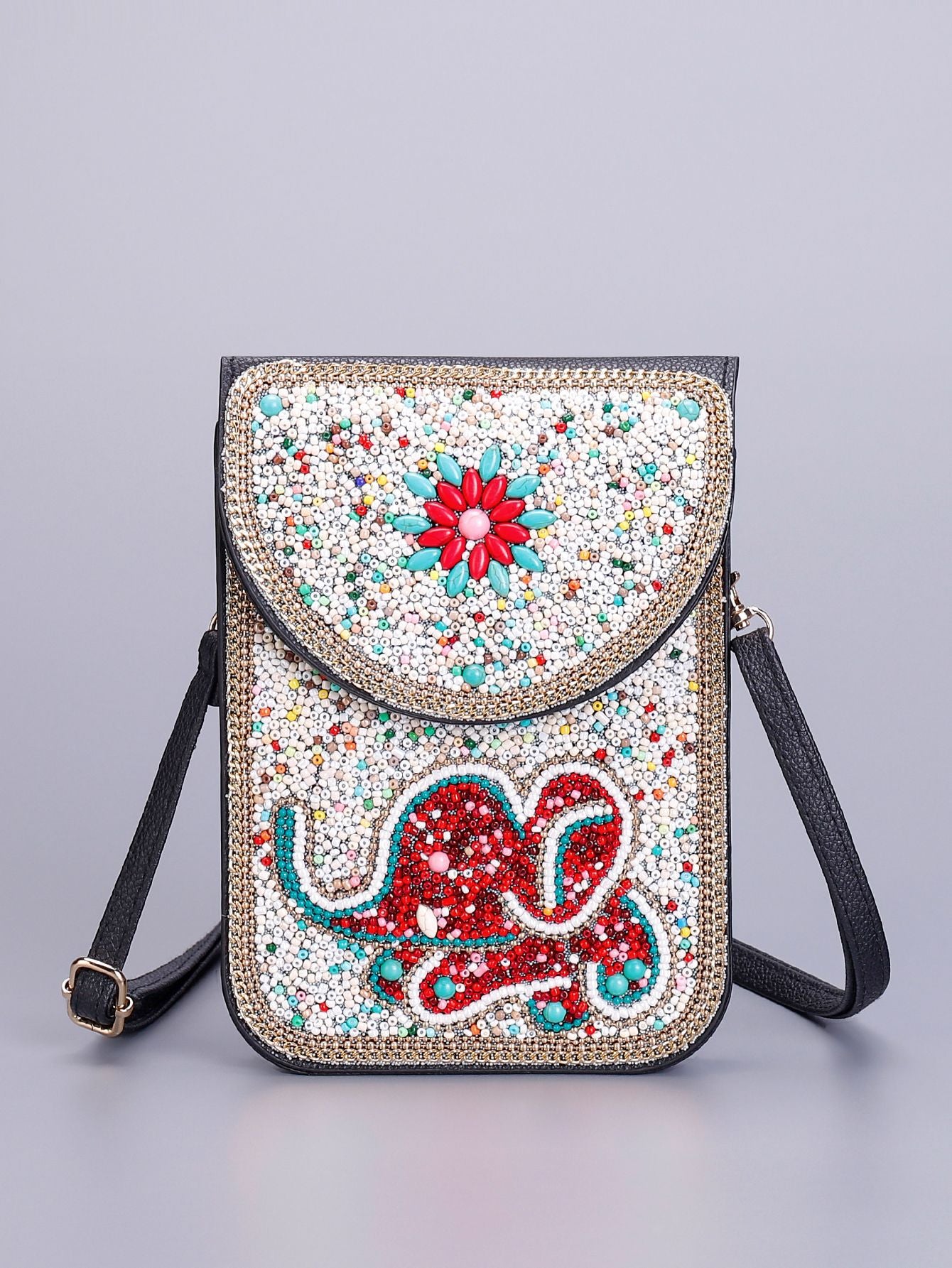 Women Ethnic Style Beaded Crossbody Bag, Handmade Turquoise Red Phone Bag