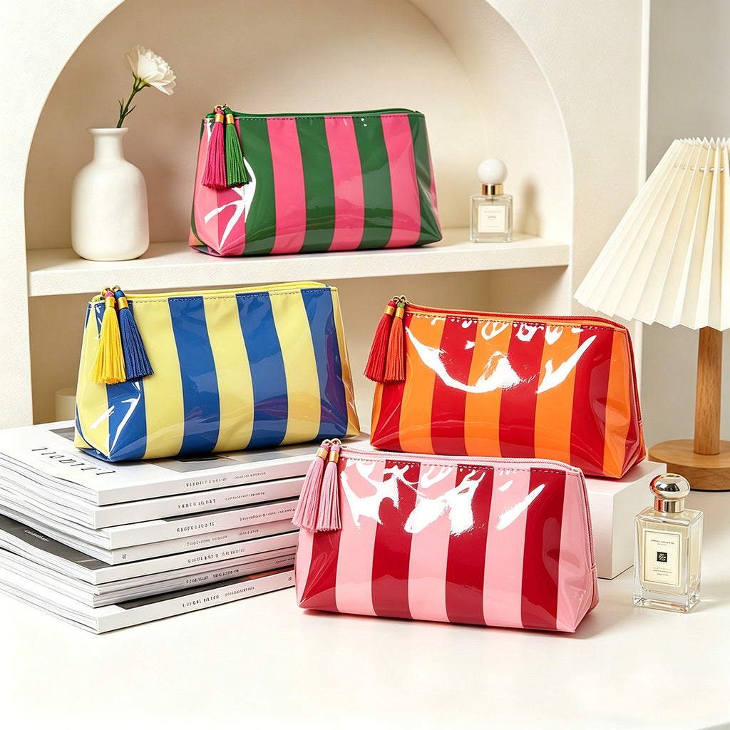 PVC Striped Tassel Zipper Waterproof Travel Cosmetic Bag