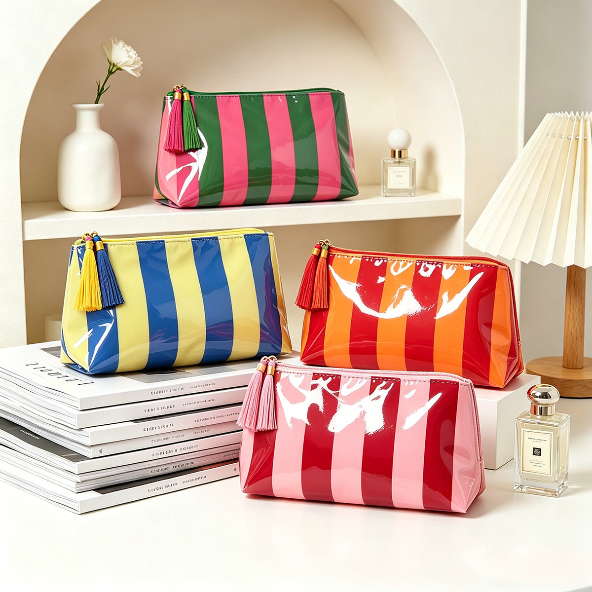 PVC Striped Tassel Zipper Waterproof Travel Cosmetic Bag