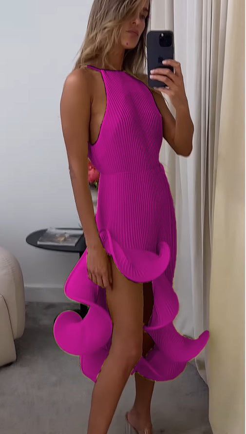 Irregular Ruffled Sexy Sleeveless Lace-Up Slim Dress