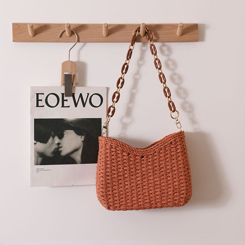 Women Purple Straw Woven Shoulder Solid Beach Tote Bag