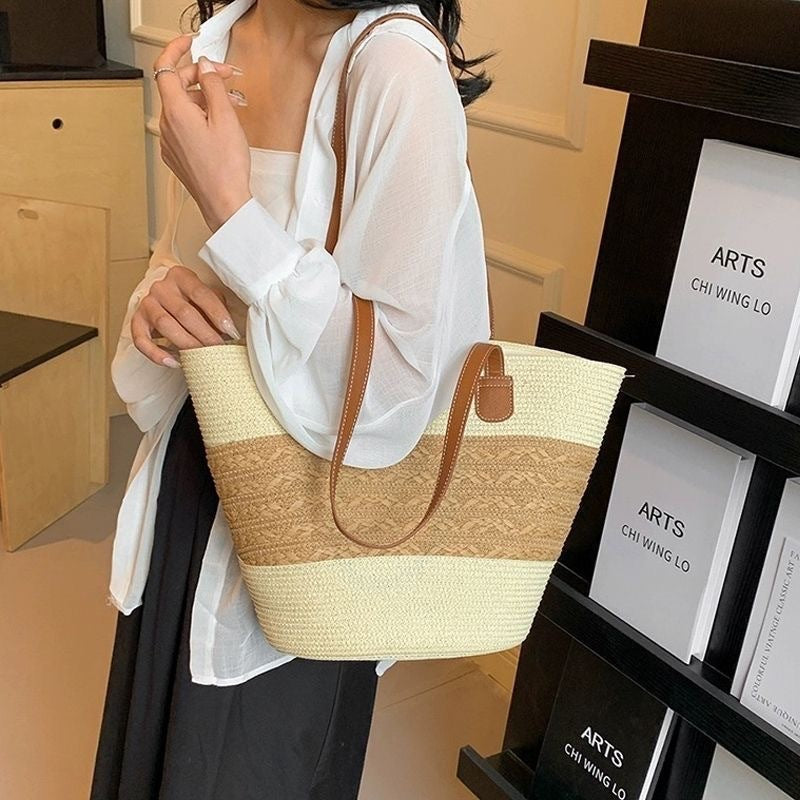 Women Straw Beach Black Stripe 2026 New Casual Summer Shoulder Tote Bag