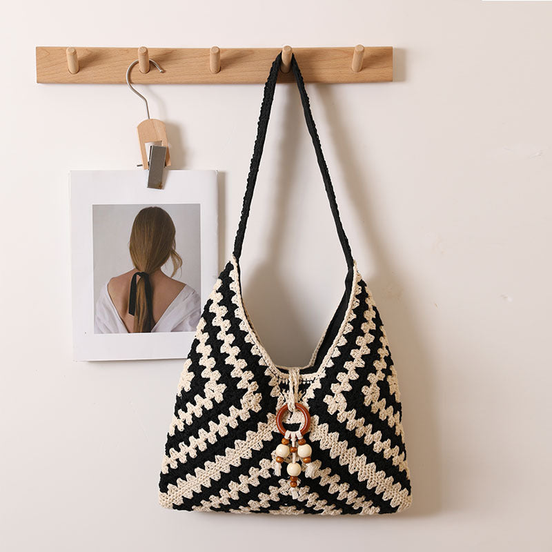 Ethnic One-Shoulder Cotton Woven Plaid Straw Beach Bag