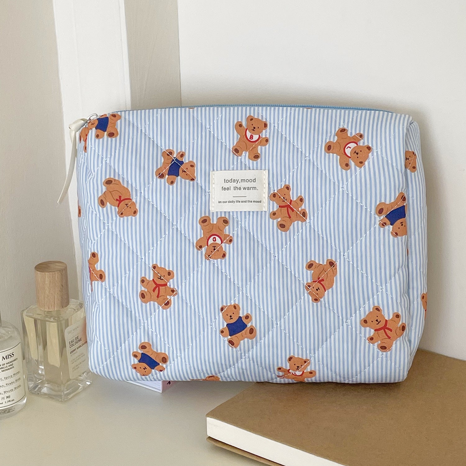 Striped Bear Large Capacity Quilted Cosmetic Bag