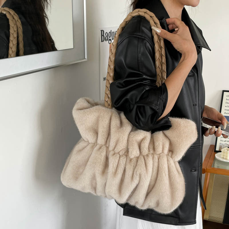 Cozy Plush Texture Tote with Braided Handles