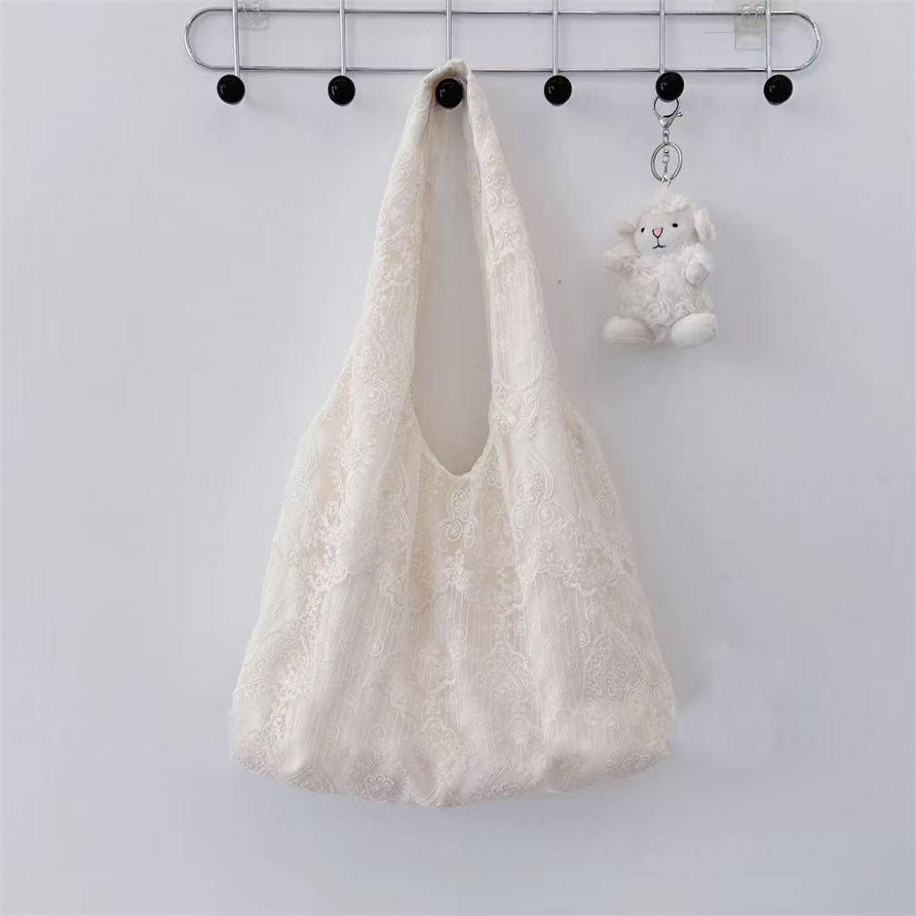 Women Lace Floral Canvas Large Capacity Shoulder Tote Bag