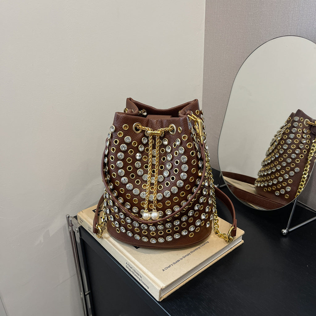 Rhinestone Studded Drawstring Bucket Shoulder Bag