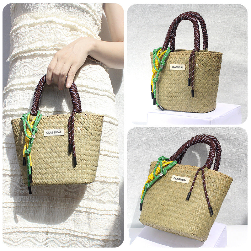Handmade Colorful Straw Woven Beach Basket Bag