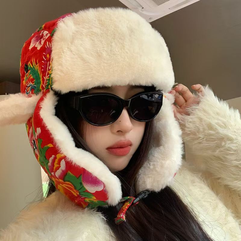 Quilted Winter Floral Plush Ear Flaps Trapper Hat