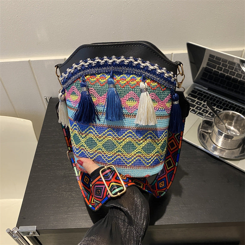 High-End Ethnic Woven Bucket Shoulder Bag