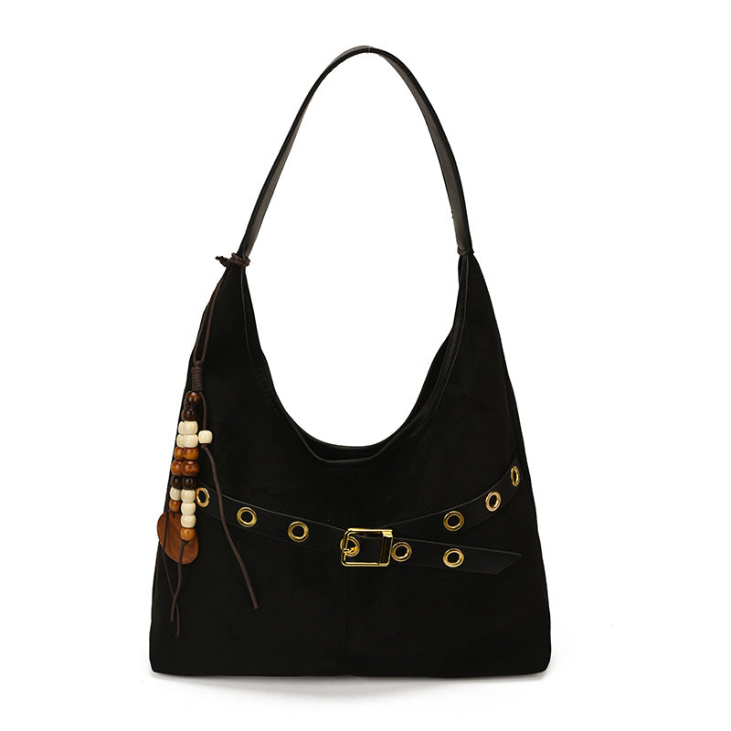 Soft Suede Texture Shoulder Bag with Studded Belt Detail