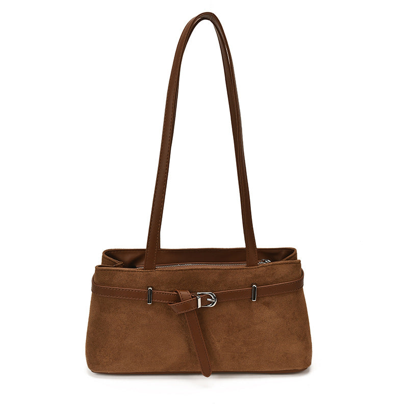 Elegant Suede Shoulder Bag with Buckle Detail