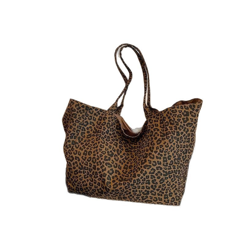 New Lazy Style Shoulder Canvas Bag 2025 Large Capacity Leopard Print Fashion Versatile Tote Bag Commuting Casual Women'S Bag