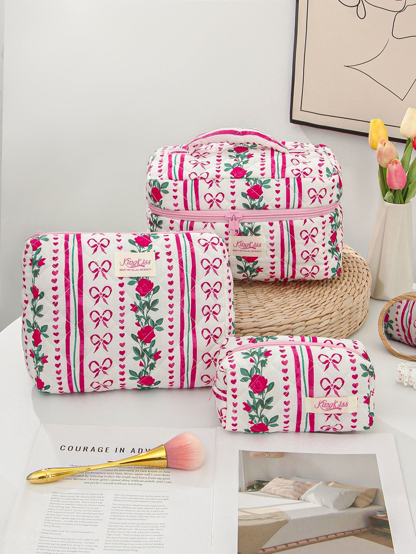 Canvas Striped Octagonal Large-Capacity Toiletry Bag