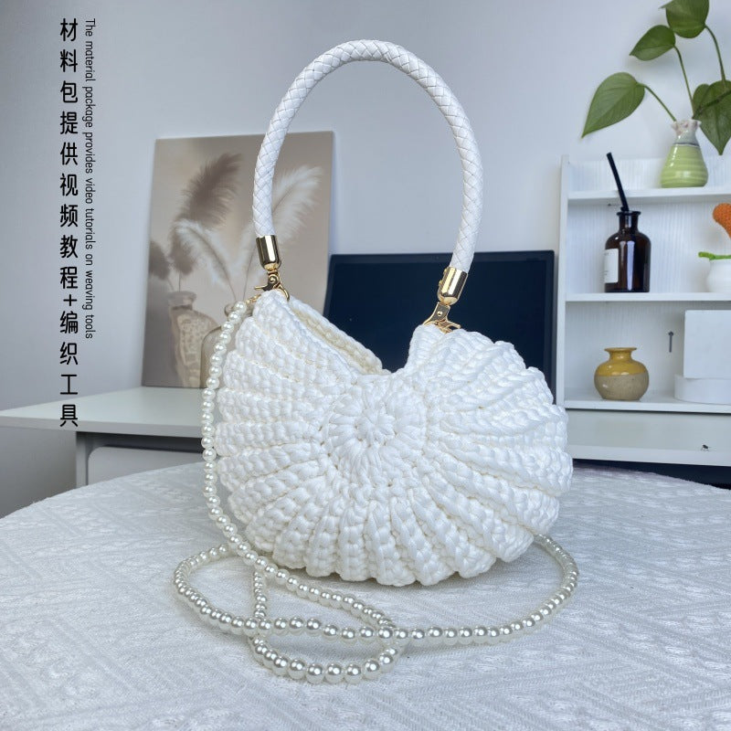Women Handmade Crochet Conch Shell Beach Woven Pearl Chain Shoulder Crossbody Bag
