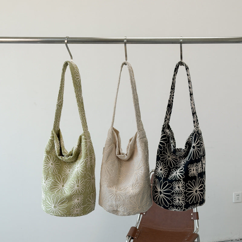 Floral Embroidered Canvas Shoulder Bag