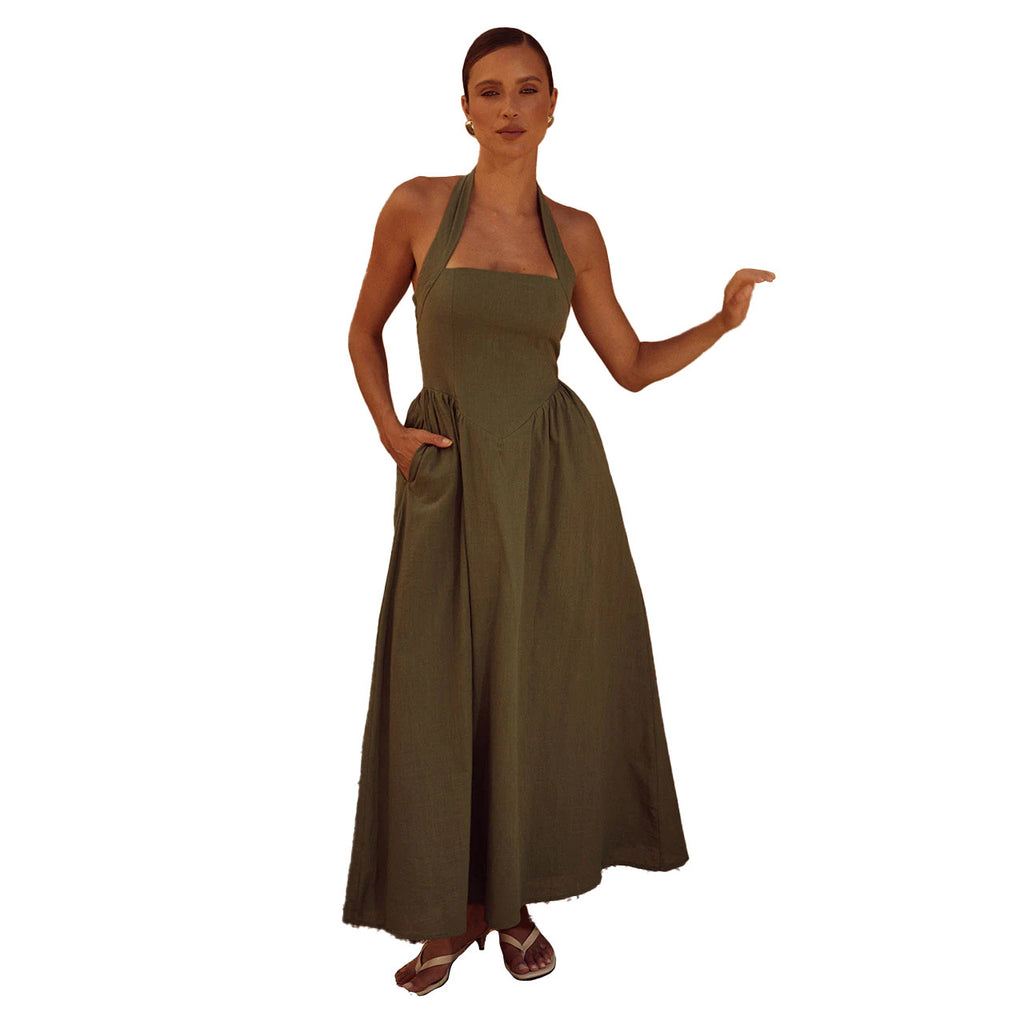 Wide Suspender Halter Neck Backless Dress