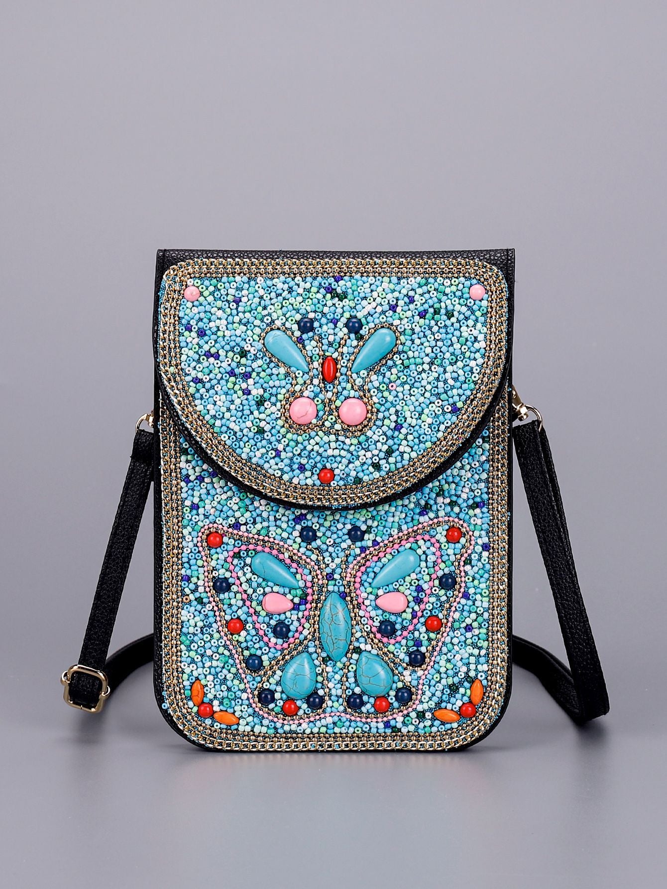 Women Ethnic Style Beaded Crossbody Bag, Handmade Turquoise Red Phone Bag