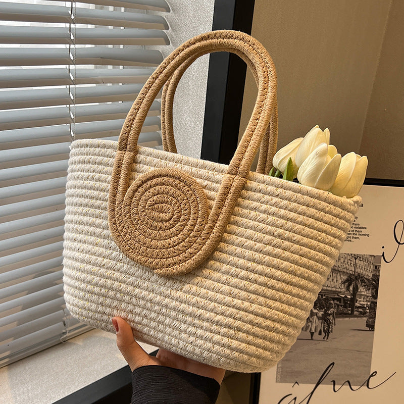 Retro Contrast Color Splicing Cotton Woven Large Capacity Simple Fashion Shoulder Handbag