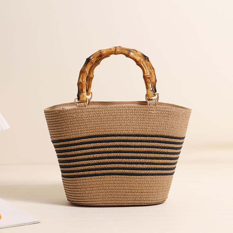 Women Bamboo Handheld Straw New Elegant Striped Woven Beach Bag
