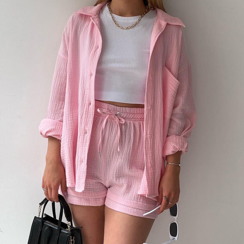 European And American Clothing Two-Piece Set Wrinkled Lapel Long-Sleeved Shirt High-Waisted Drawstring Shorts Large Size Fashion Casual Suit
