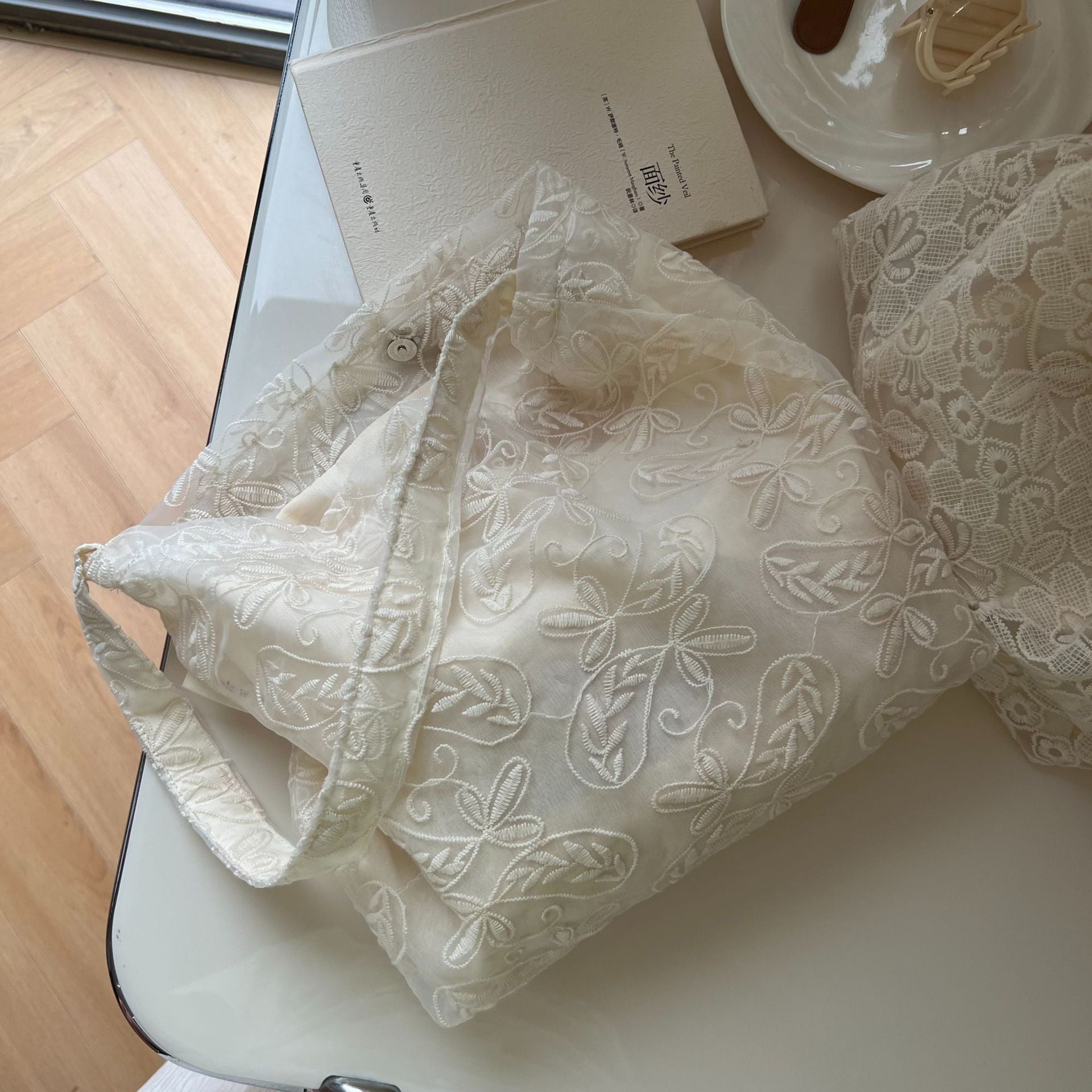 [Suxi Cloth Bag] French Lace Embroidered Gauze Cotton Bag Single Shoulder Underarm Women'S Canvas Bag Literary Simple Retro