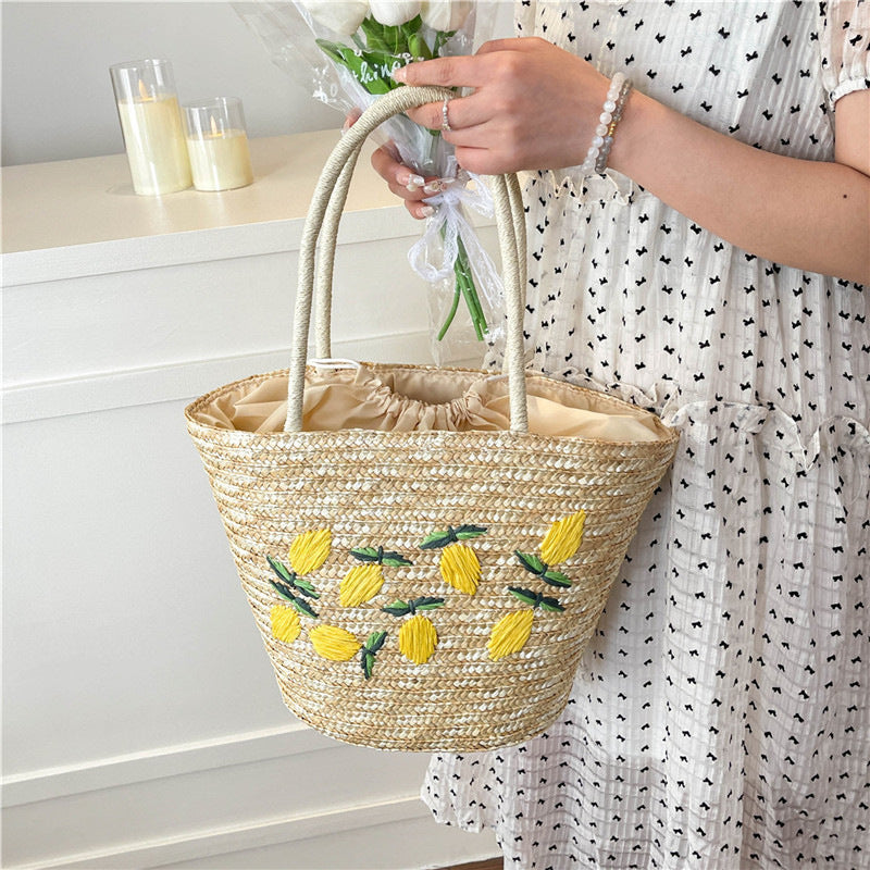 Lazy Casual Heavy Embroidery Hand-Woven Straw Shoulder Tote Bag