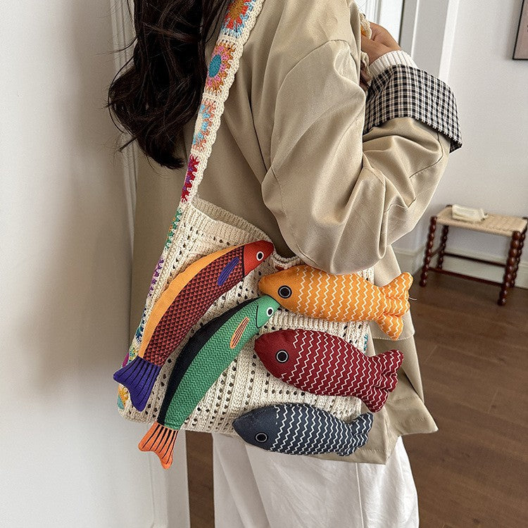 3D Fish Appliqué Granny Square Strap Mesh Knit Shoulder Bag