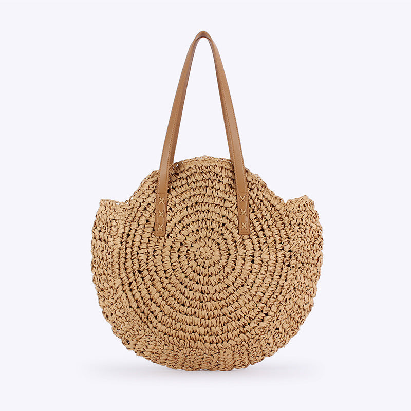Women Simple Round Paper Rope Woven Shoulder Fashion Seaside Beach Vacation Bag