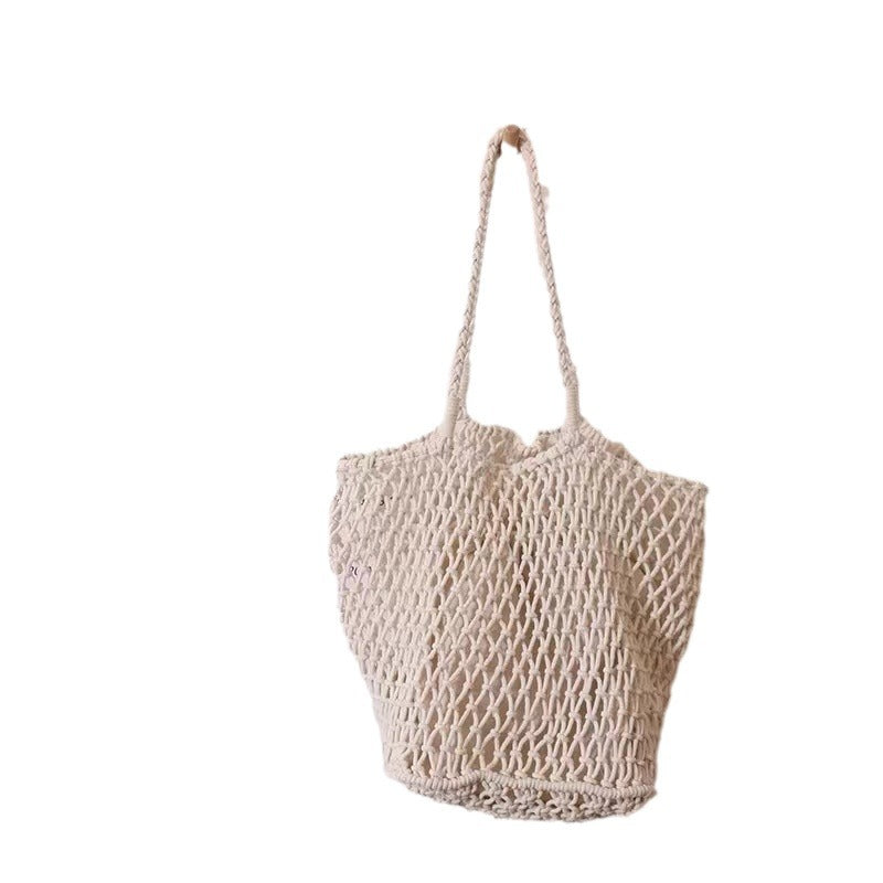 Women Simple Cotton Woven Large Mesh Shoulder Handmade Beach Bag