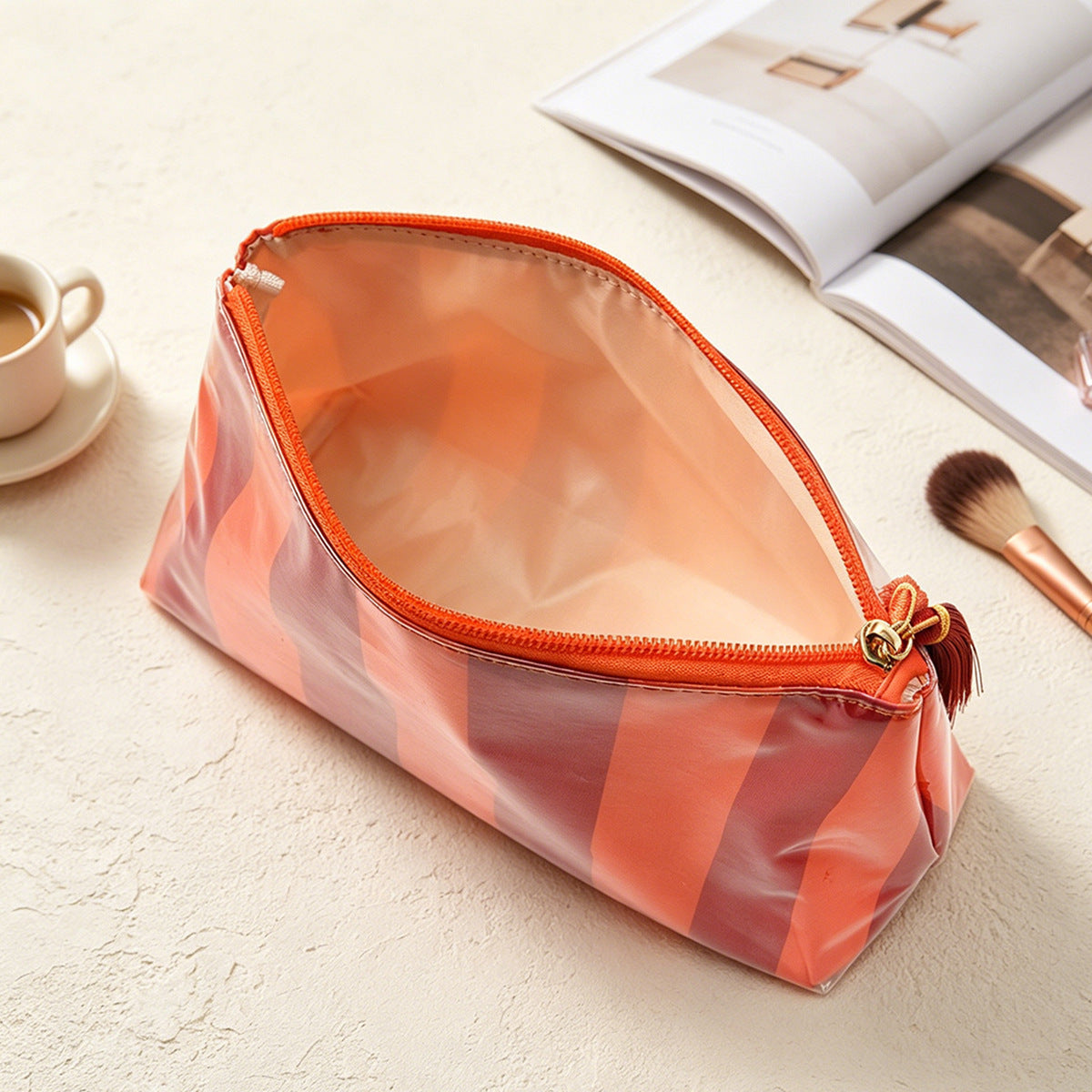 PVC Striped Tassel Zipper Waterproof Travel Cosmetic Bag