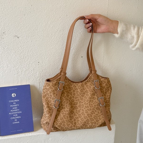 Vintage Leopard Print Shoulder Bag with Buckle Accents