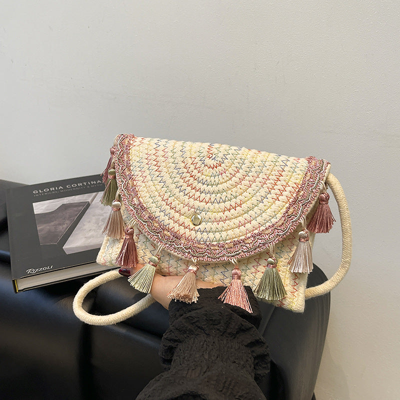 Ethnic Tassel Straw Envelope Crossbody Bag