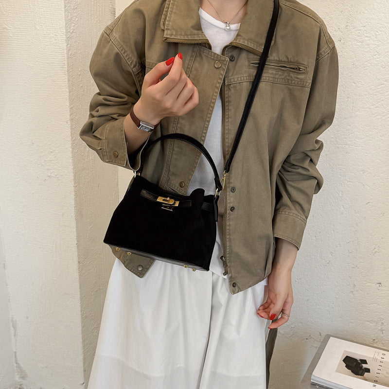 Vintage Textured Faux Suede Handbag with Metal Lock