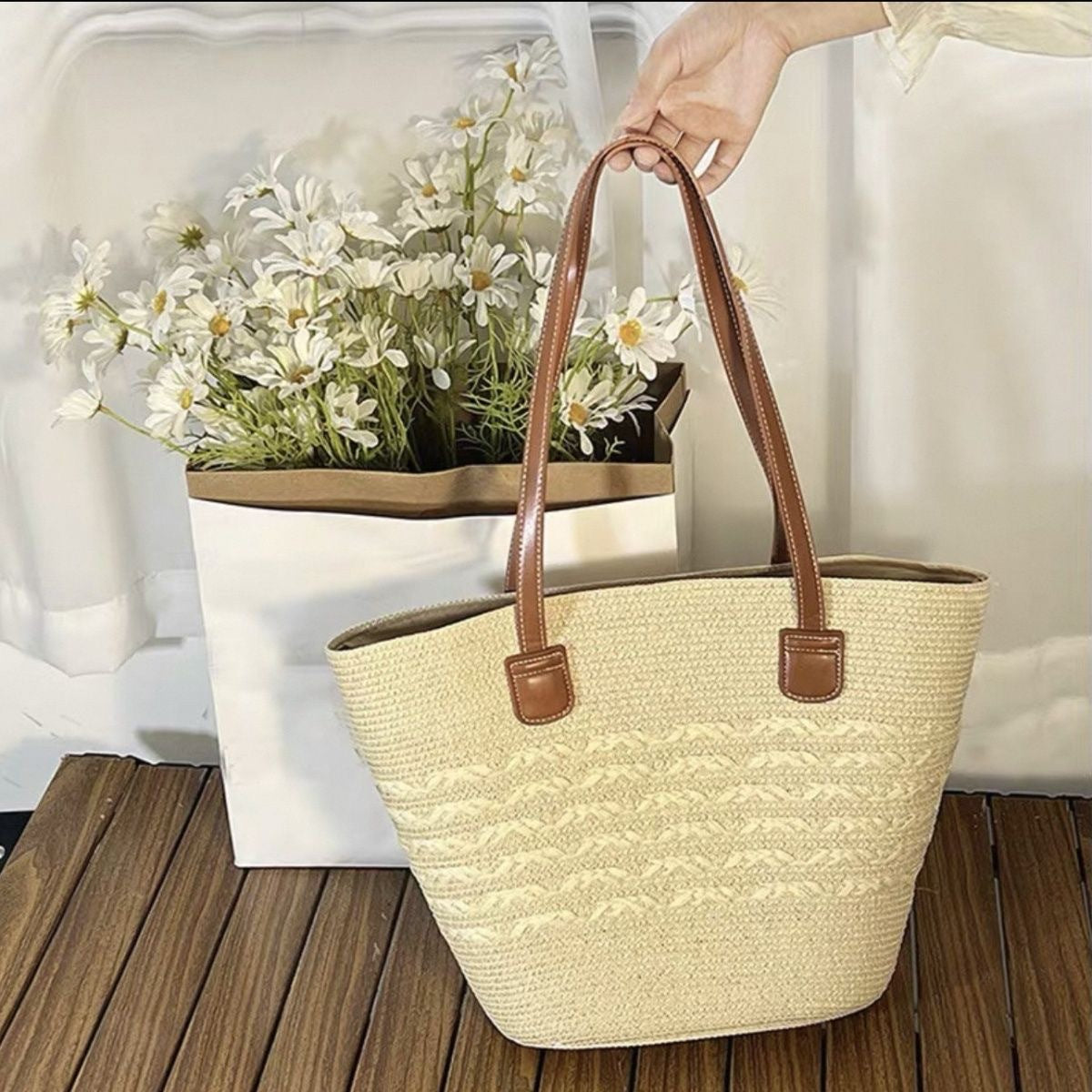 Women Straw Beach Black Stripe 2026 New Casual Summer Shoulder Tote Bag