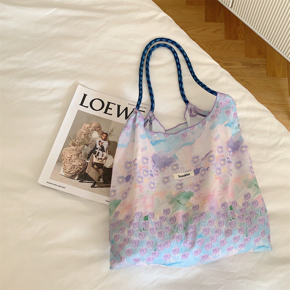 Korean Large Capacity Drawstring Floral Tote Bag