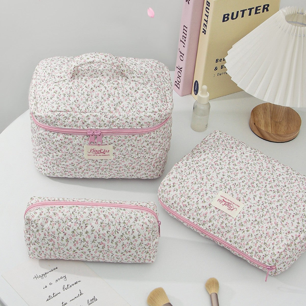 Quilted Small Floral Portable Toiletry Bag