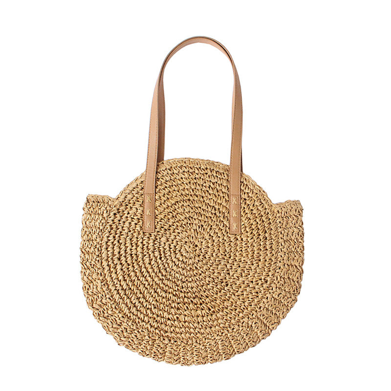 Straw Woven Bag New Shoulder Women'S Bag Beach Woven Bag Fashion Simple Literary Leisure Travel Vacation Round Large Bag