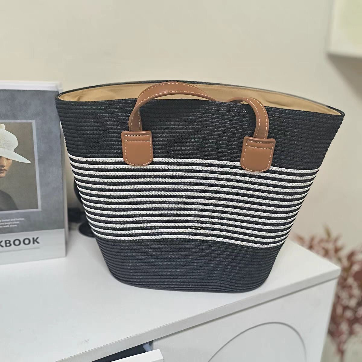 Women Straw Beach Black Stripe 2026 New Casual Summer Shoulder Tote Bag