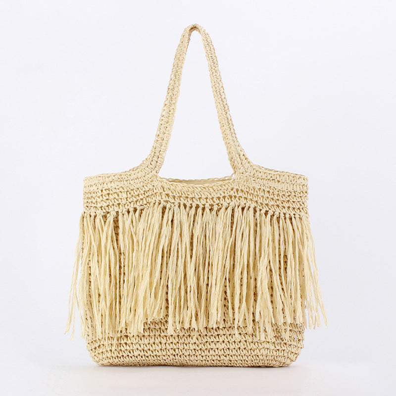Women Long Tassel Straw Woven Large Capacity Shoulder Beach Vacation Bag