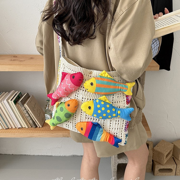 3D Fish Appliqué Granny Square Strap Mesh Knit Shoulder Bag