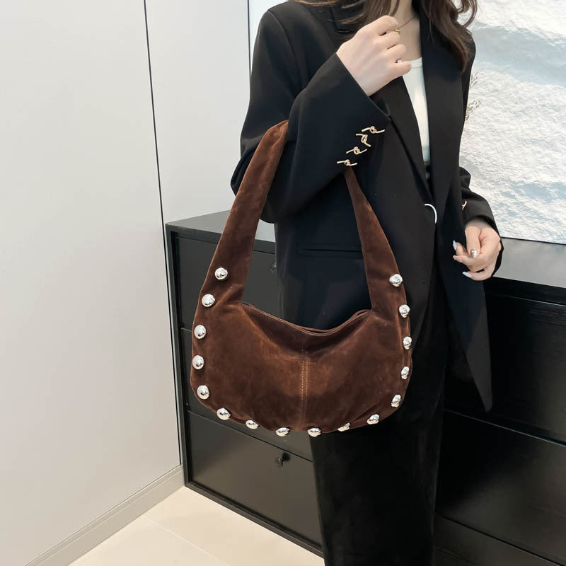 Suede Studded Hobo Shoulder Bag