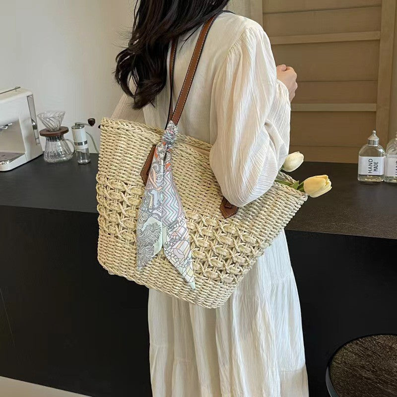 Large Capacity Woven Straw Beach Shoulder Tote Bag