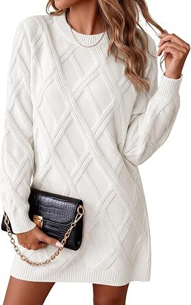 2026 European and American-Style Diamond-Pattern Knit Dress for Women—New Fall/Winter Collection: Loose-Fitting Long-Sleeve Sweater Dress, Fashionable Short Dress